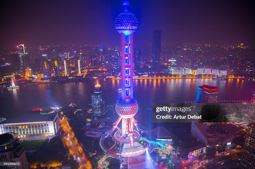 The Oriental Pearl tower in Shanghai at night.
