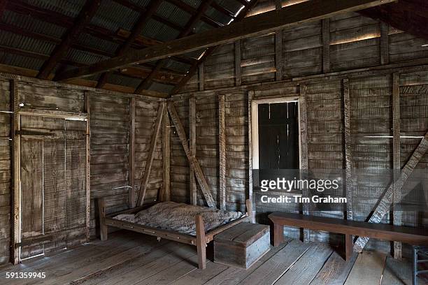Interior of preserved slave quarters shack at cotton plantation at Frogmore Farm in Ferriday, the Deep South, Louisiana, USA