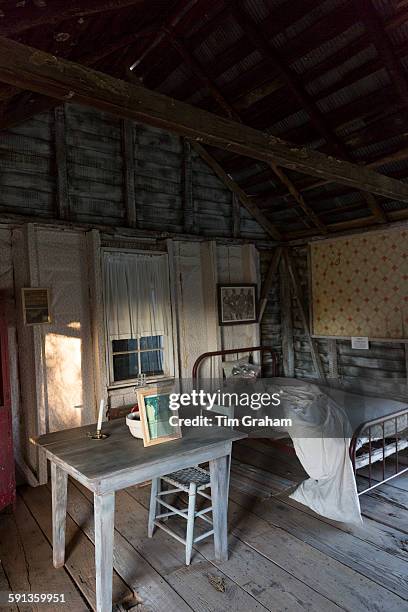 Interior of preserved slave quarters shack at cotton plantation at Frogmore Farm in Ferriday, the Deep South, Louisiana, USA