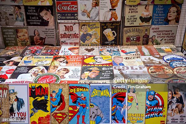 Magazines, cartoons, comics, Batman, Superman, Wonder Woman, Captain America and posters on sale at stall, New York, USA