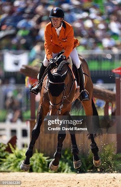 Maikel Vanuatu der Vleuten of Netherlands rides Verdi during the Jumping Team Round 2 during Day 12 of the Rio 2016 Olympic Games at the Olympic...