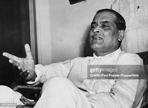 Indian physician Bidhan Chandra Roy , Chief Minister of West Bengal in India, pictured speaking at a press conference, circa 1950.