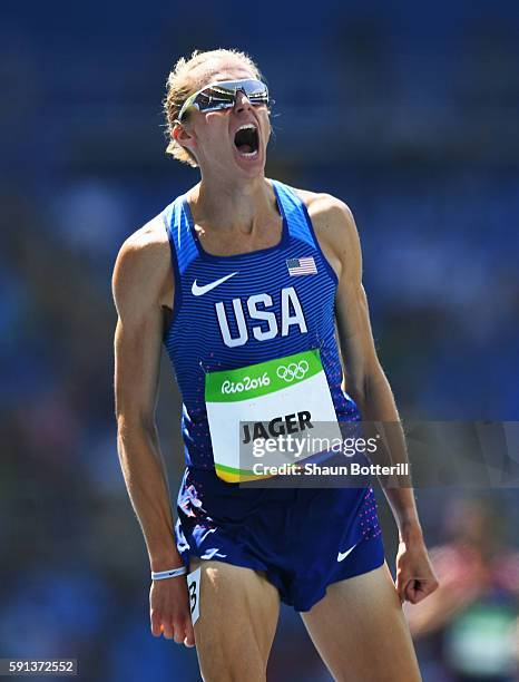 Evan Jager of the United States celebrates winning the silver medal in the Men's 3000m Steeplechase Final on Day 12 of the Rio 2016 Olympic Games at...