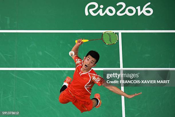 An overview shows China's Chen Long returns against South Korea's Son Wan Ho during their men's singles quarter-final badminton match at the...