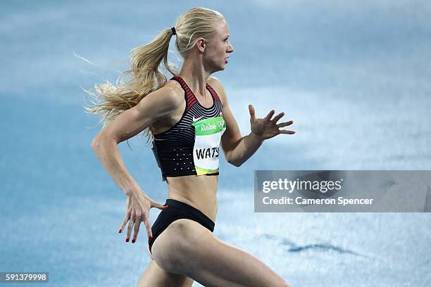 Sage Watson of Canada competes in the Women's 400m Hurdles Round 1 on Day 10 of the Rio 2016 Olympic Games at the Olympic Stadium on August 15, 2016...