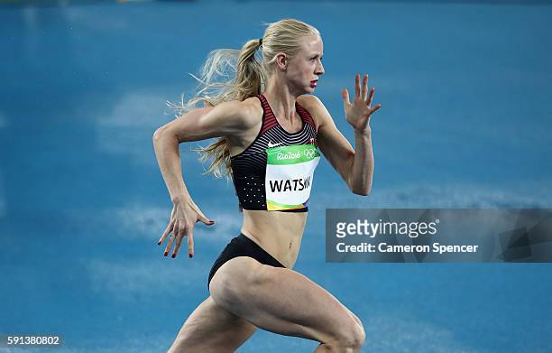 Sage Watson of Canada competes in the Women's 400m Hurdles Round 1 on Day 10 of the Rio 2016 Olympic Games at the Olympic Stadium on August 15, 2016...