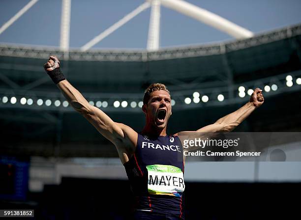 Kevin Mayer of France reacts during the Men's Decathlon Shot Put on Day 12 of the Rio 2016 Olympic Games at the Olympic Stadium on August 17, 2016 in...