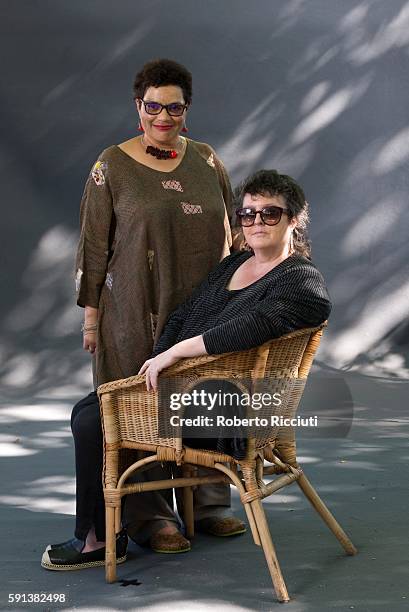 Scottish poets and writers Jackie Kay and Carol Ann Duffy attend a photocall at Edinburgh International Book Festival at Charlotte Square Gardens on...