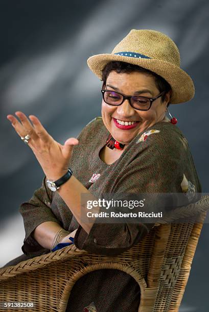 Scottish poet and writer Jackie Kay attends a photocall at Edinburgh International Book Festival at Charlotte Square Gardens on August 17, 2016 in...