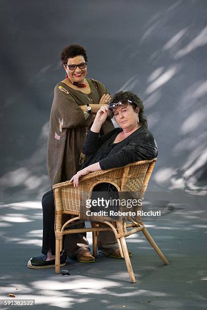 Scottish poets and writers Jackie Kay and Carol Ann Duffy attend a photocall at Edinburgh International Book Festival at Charlotte Square Gardens on...