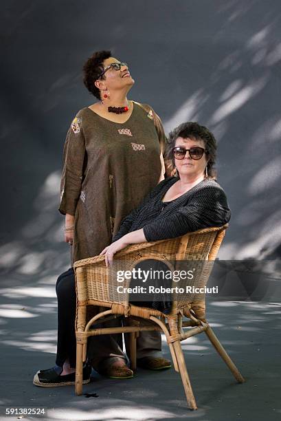 Scottish poets and writers Jackie Kay and Carol Ann Duffy attend a photocall at Edinburgh International Book Festival at Charlotte Square Gardens on...