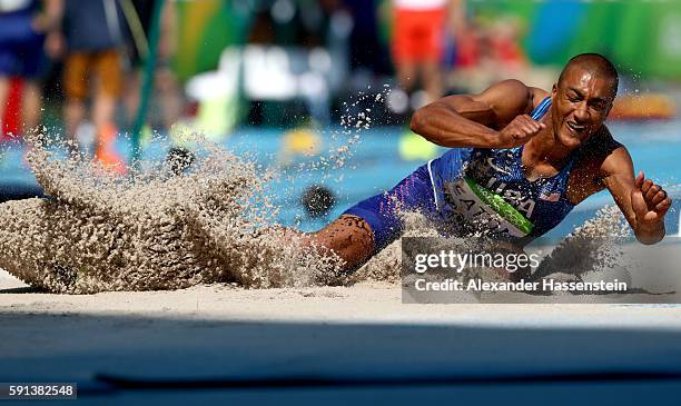 Ashton Eaton of the United States competes in the Men's Decathlon Long Jump on Day 12 of the Rio 2016 Olympic Games at the Olympic Stadium on August...