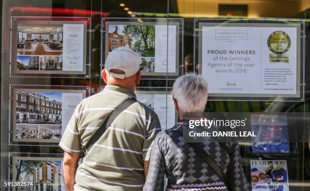 Couple look at adverts in the window of an estate agent in London on August 17, 2016. From computers and cars to carpets and food, Britain's decision...