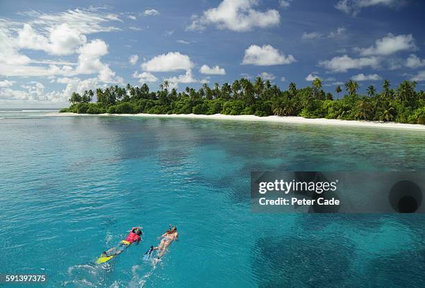 couple snorkelling towards tropical beach - snorkel beach stock pictures, royalty-free photos & images