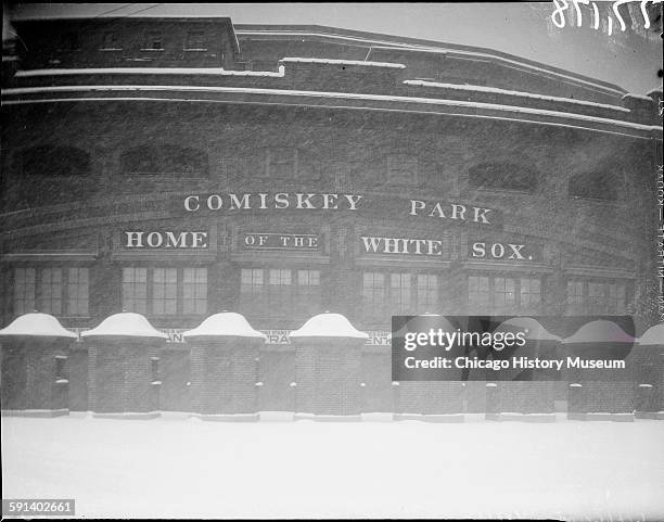 Exterior view of Comiskey Park during a snowstorm, Chicago, Illinois, 1935.