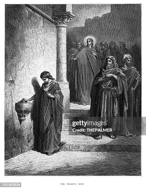 the widow's mite engraving 1870 - widows mite stock illustrations