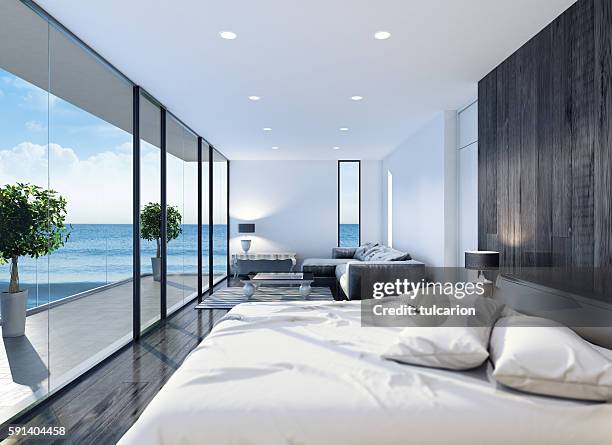 modern contemporary bedroom - villa interior stock pictures, royalty-free photos & images