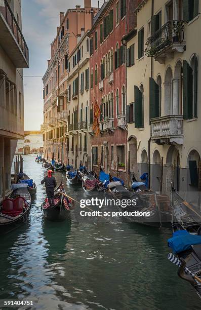 gondoliers sailing on venice canal, veneto, italy - gondola traditional boat stockfoto's en -beelden