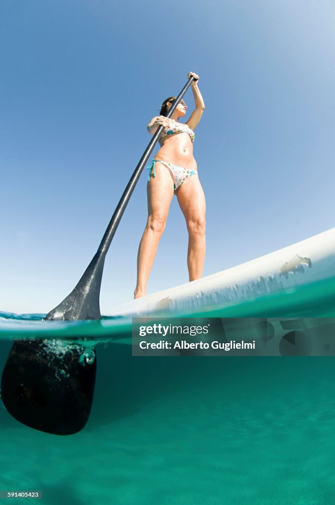 Low angle view of woman standing on paddle board