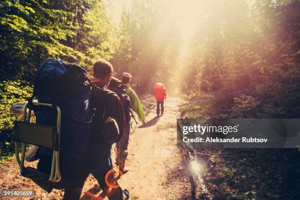backpackers hiking on dirt path in forest - chelyabinsk stock pictures, royalty-free photos & images