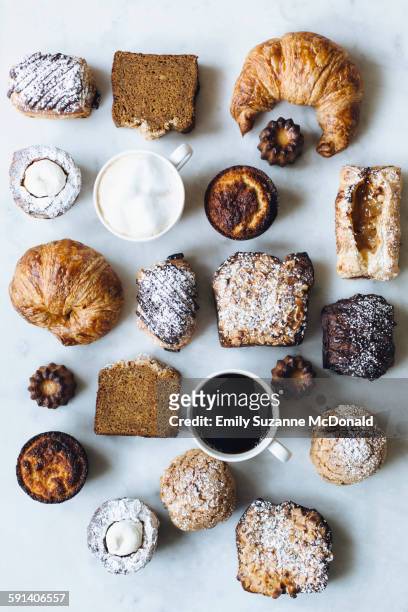 high angle view of variety of pastries and coffee - cup of tea from above fotografías e imágenes de stock
