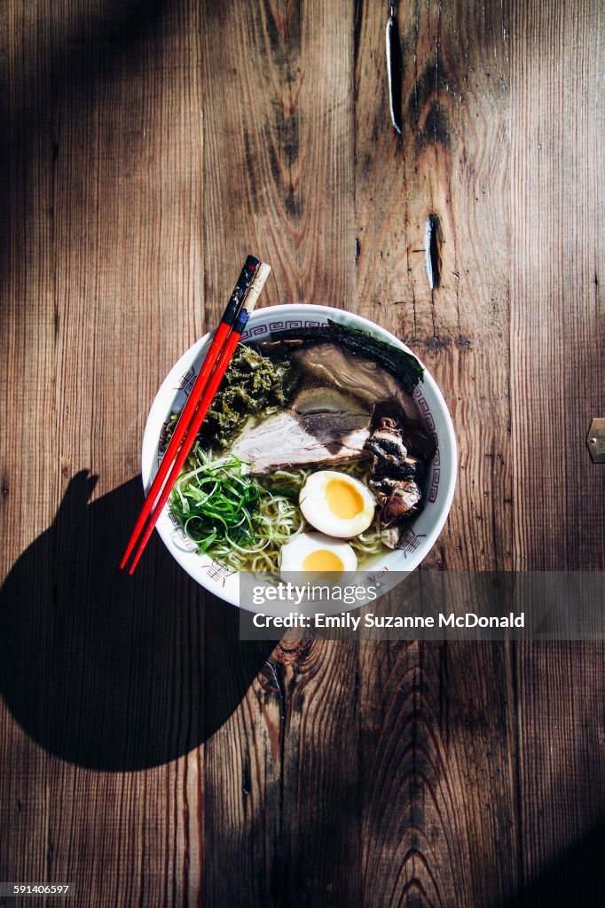 High angle view of bowl of ramen