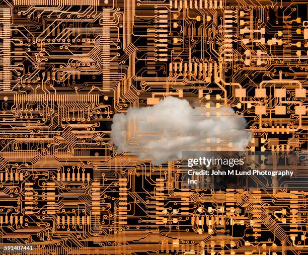 cloud floating over microchip circuits - 21st century stock illustrations
