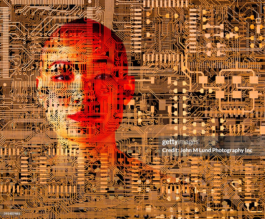 Asian woman over microchip circuits