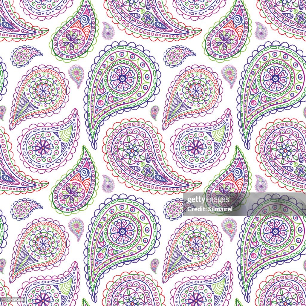 Paisley Buta Doodle Colorful Line Art Seamless Pattern Vector High-Res ...