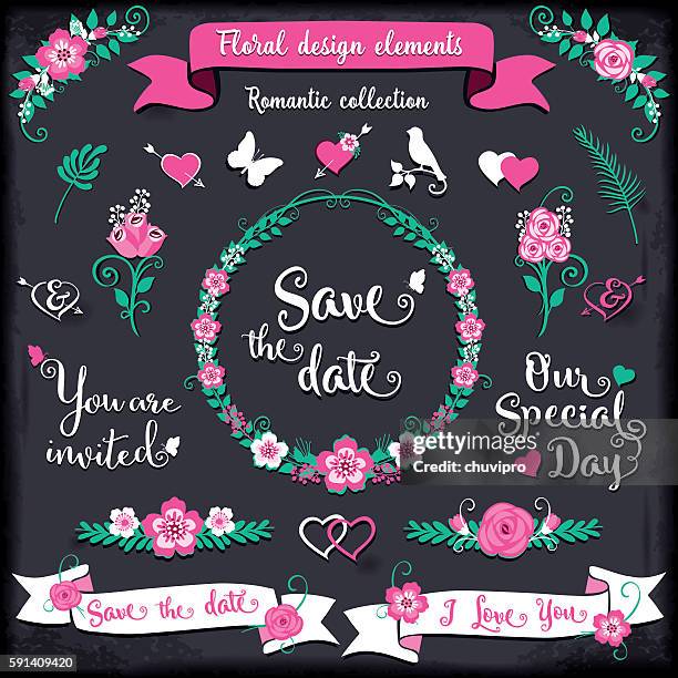 floral design elements romantic collection - save the date stock illustrations