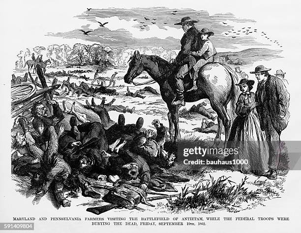 battle of antietam, maryland, september 19, 1862 civil war engraving - confederate battle stock illustrations