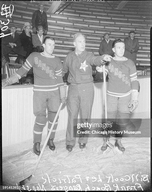 Bill Cook, Les Patrick, and Frank Boucher of the New York Rangers hockey team, Chicago, Illinois, November 1934.