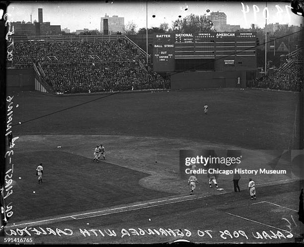 Elevated view of Wrigley Field during third inning of game four of Chicago Cubs versus Detroit Tigers World Series, Chicago, Illinois, October 5,...
