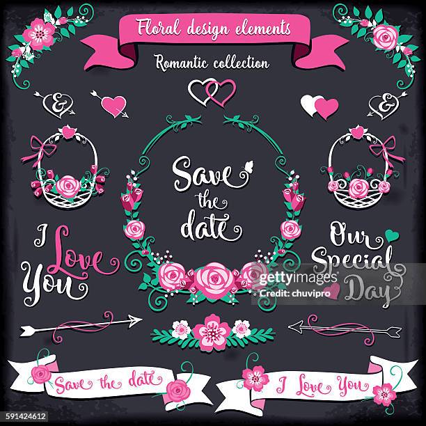 floral design elements romantic collection - save the date stock illustrations