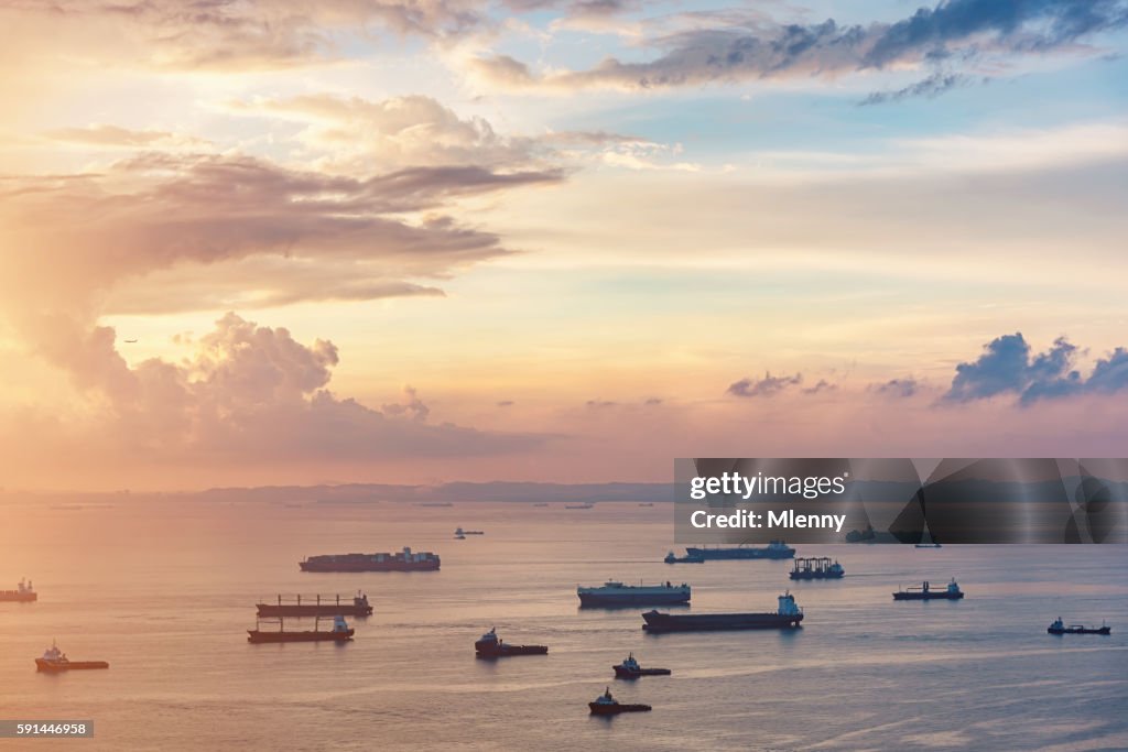 Aerial View Asian Container Ships Freight Transportation Sunrise