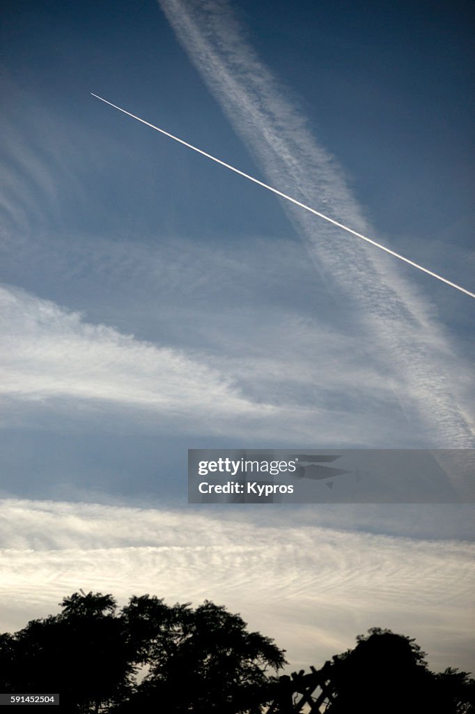 Europe, France, Brittany Area, View Of Chemtrails Or Contrails (Depending On Your Point Of View And Knowledge)