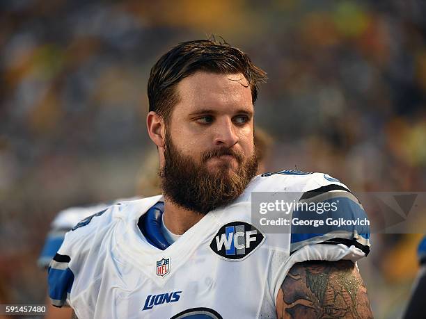 Offensive tackle Taylor Decker of the Detroit Lions looks on from the sideline during a National Football League preseason game against the...