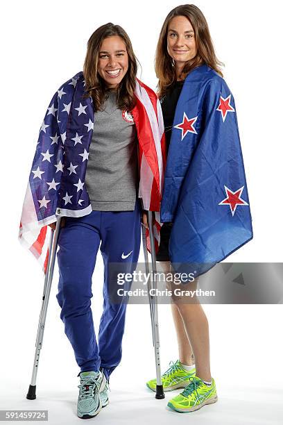 New Zealand distance runner, Nikki Hamblin and American runner, Abbey D'Agostino pose for a portrait on August 17, 2016 in Rio de Janeiro, Brazil....