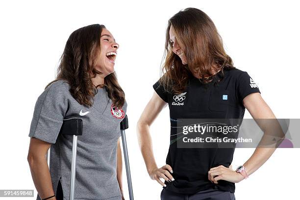 New Zealand distance runner, Nikki Hamblin and American runner, Abbey D'Agostino pose for a portrait on August 17, 2016 in Rio de Janeiro, Brazil....