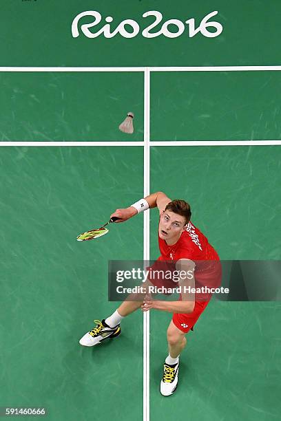 Viktor Axelsen of Denmark competes against Rajiv Ouseph of Great Britain during the Men's Singles Quarterfinal Badminton match on Day 12 of the Rio...