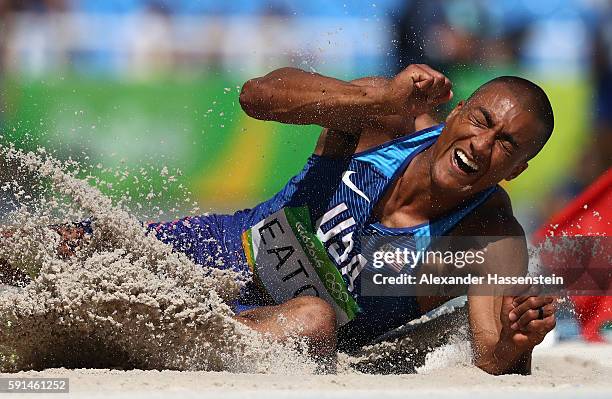 Ashton Eaton of the United States competes in the Men's Decathlon Long Jump on Day 12 of the Rio 2016 Olympic Games at the Olympic Stadium on August...