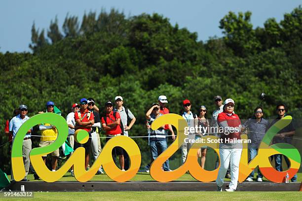 Inbee Park of Korea plays her shot from the 16th tee during the First Round of Women's Golf on Day 12 of the Rio 2016 Olympic Games at Olympic Golf...