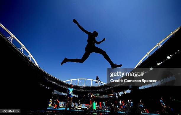 Yemane Haileselassie of Eritrea competes in the Men's 3000m Steeplechase Final on Day 12 of the Rio 2016 Olympic Games at the Olympic Stadium on...