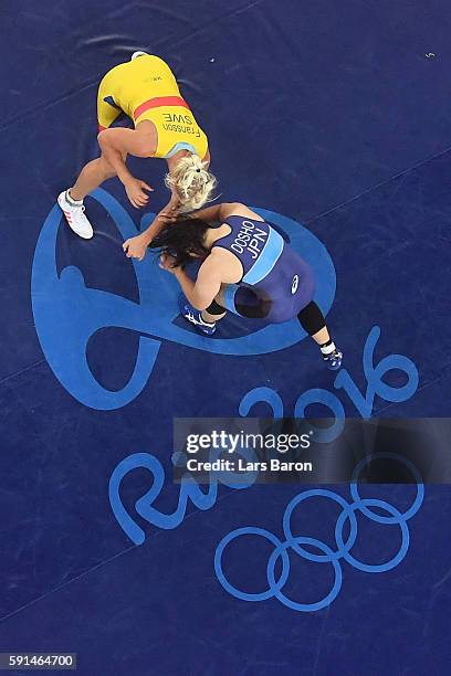 Sara Dosho of Japan competes against Anna Jenny Fransson of Sweden during a Women's Freestyle 69kg Semifinal bout on Day 12 of the Rio 2016 Olympic...