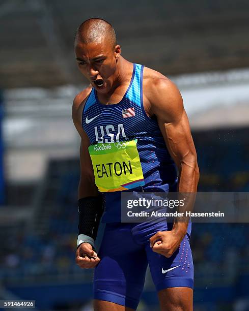 Ashton Eaton of the United States reacts during the Men's Decathlon Shot Put on Day 12 of the Rio 2016 Olympic Games at the Olympic Stadium on August...