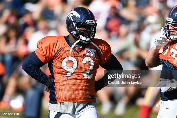 Denver Broncos nose tackle Sylvester Williams runs through drills during a joint practice with the San Fransisco 49ers August 17, 2016 at Dove Valley.