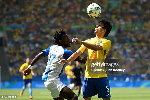 Alberth Elis of Honduras and Rodrigo Caio of Brazil in action during the Men's Semifinal Football match between Brazil and Honduras at Maracana...