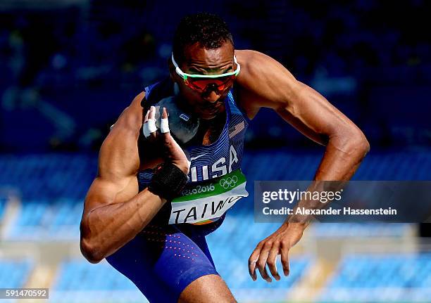 Jeremy Taiwo of the United States competes during the Men's Decathlon Shot Put on Day 12 of the Rio 2016 Olympic Games at the Olympic Stadium on...