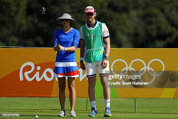 Maria Verchenova of Russia prepares to play from the thid tee during the First Round of Women's Golf at Olympic Golf Course on Day 12 of the Rio 2016...