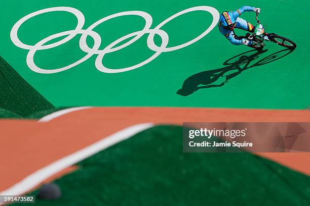 Elke Vanhoof of Belgium competes in the Cycling - BMX Women's Seeding Run on day 12 of the Rio 2016 Olympic Games at The Olympic BMX Centre on August...